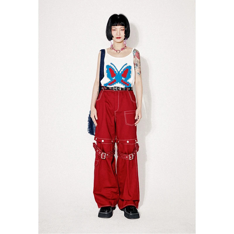 Y2K Vintage High Waist Red Jeans - American Street Style Wide Leg Pants