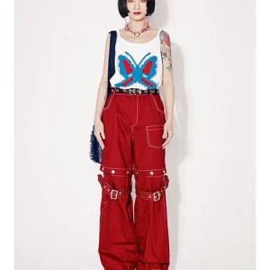 Y2K Vintage High Waist Red Jeans - American Street Style Wide Leg Pants