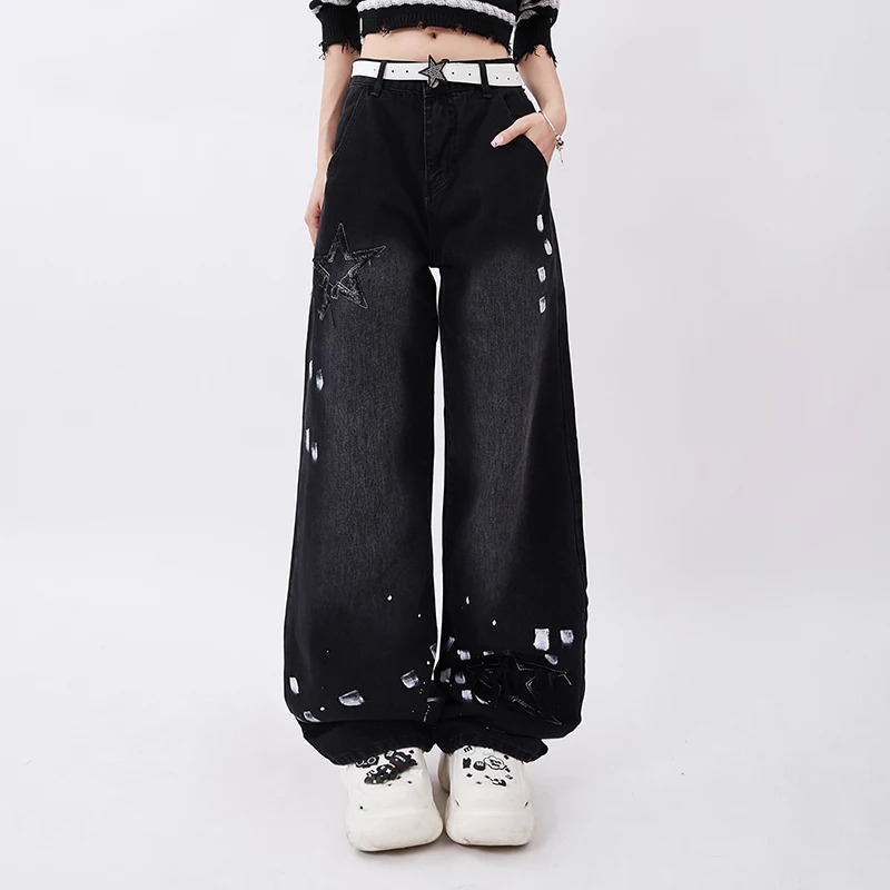 Y2K Vintage High Waist Stars Tassels Straight Jeans - Women's High Street Style Wide Leg Baggy Denim Trou