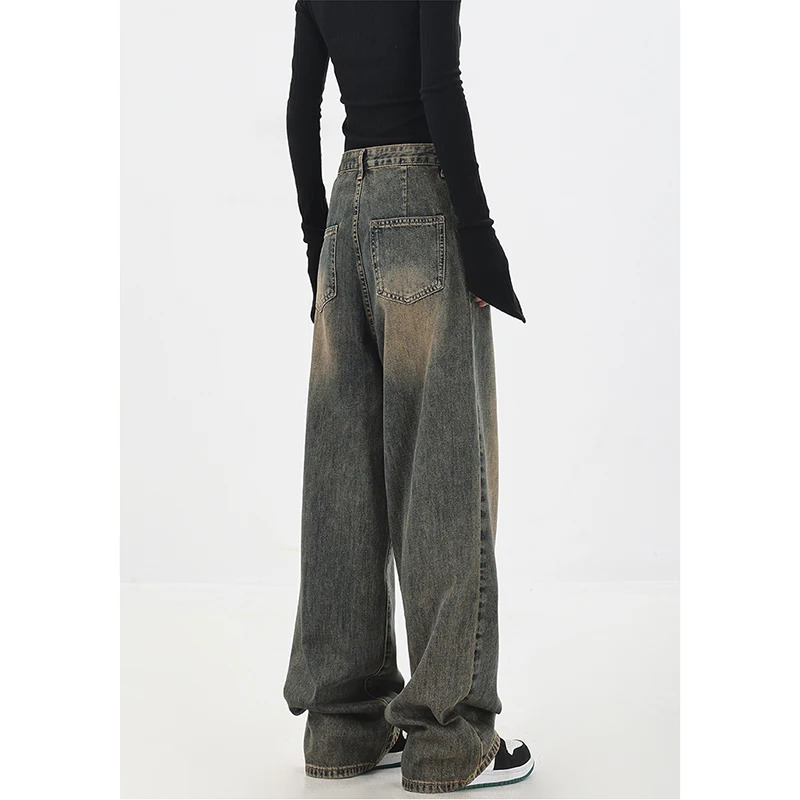 Y2K Vintage High Waist Straight Jeans - Blue Denim Pants for Women - Casual Baggy Wide Leg Grunge Streetwear