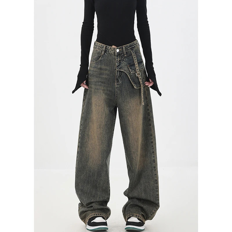 Y2K Vintage High Waist Straight Jeans - Blue Denim Pants for Women - Casual Baggy Wide Leg Grunge Streetwear