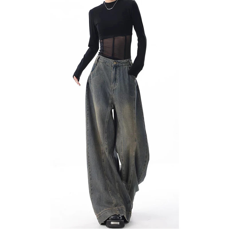 Y2K Vintage High Waist Straight Jeans - Women's Casual Baggy Wide Leg Denim Trouser