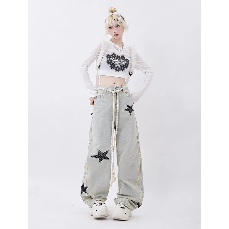 Y2K Vintage High Waist Straight Jeans with Tassels - Grunge Streetwear Denim Trouser