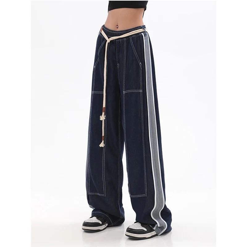 Y2K Vintage High Waist Streetwear Blue Jeans - Wide Leg Striped Denim Trouser