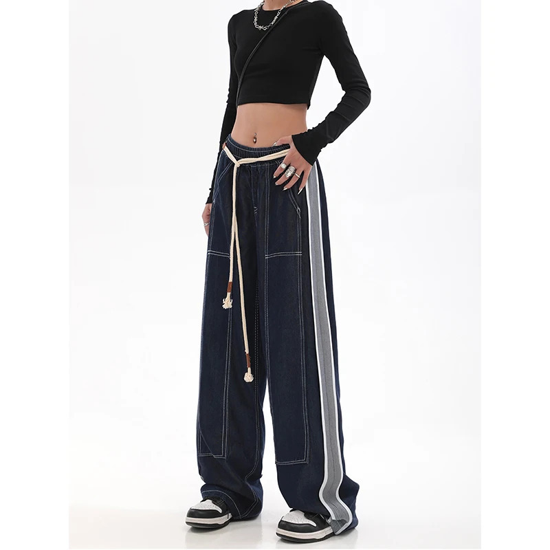 Y2K Vintage High Waist Streetwear Blue Jeans - Wide Leg Striped Denim Trouser