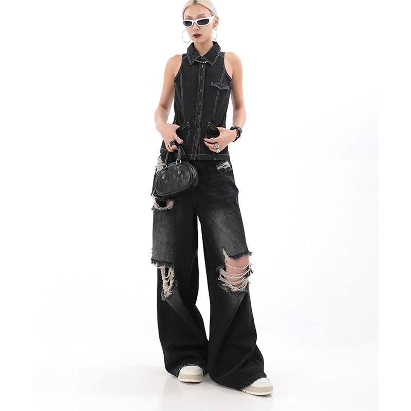 Y2K Vintage High Waist Wide Leg Black Denim Jeans - Streetwear Harajuku Style