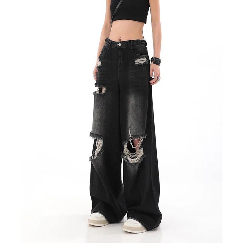 Y2K Vintage High Waist Wide Leg Black Denim Jeans - Streetwear Harajuku Style