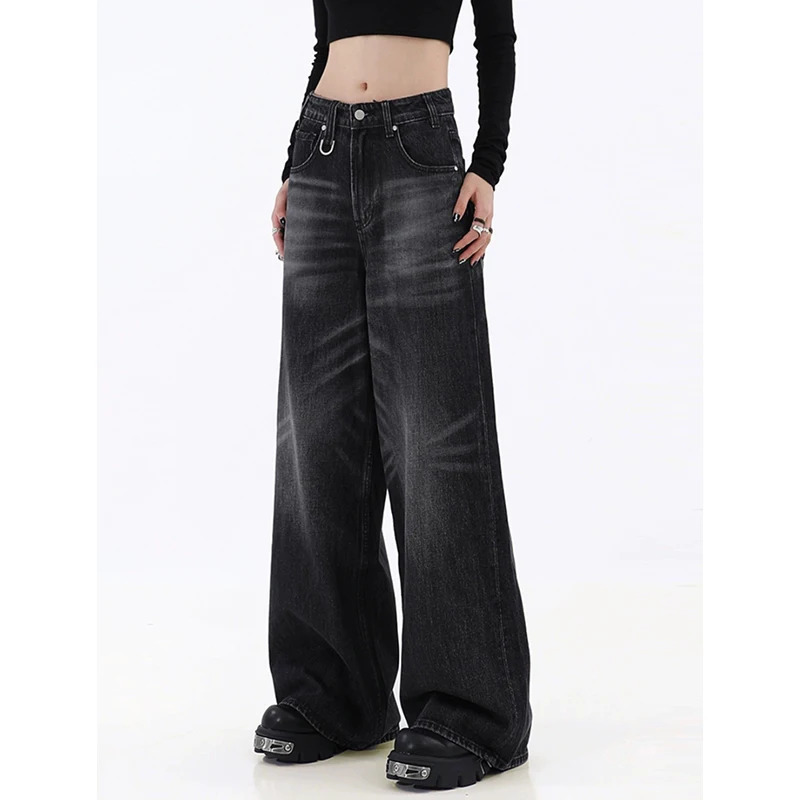 Y2K Vintage High Waist Wide Leg Black Jeans - Women's Street Style Denim Trouser