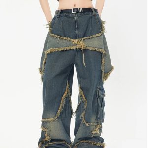 Y2K Vintage High Waist Wide Leg Blue Jeans - American Streetwear Fashion