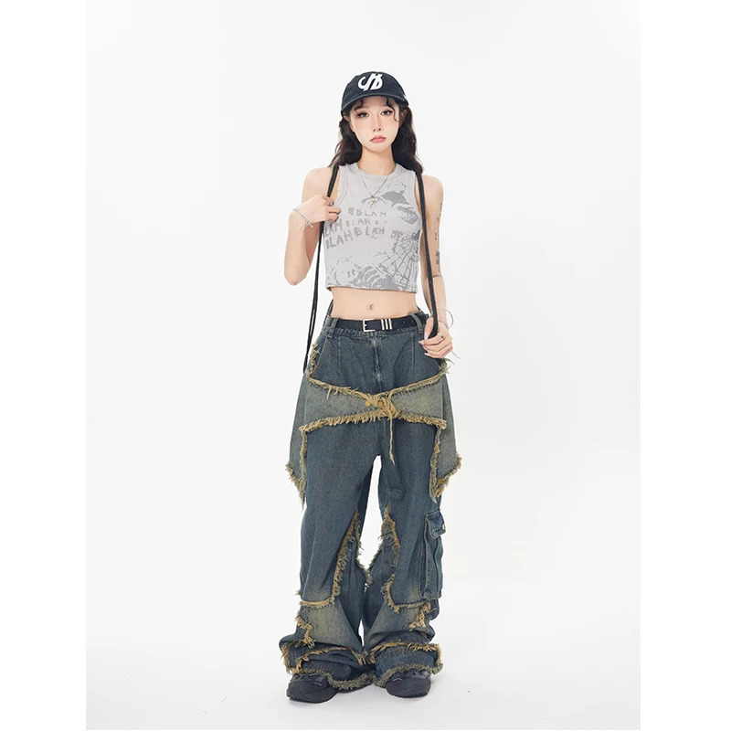 Y2K Vintage High Waist Wide Leg Blue Jeans - American Streetwear Fashion