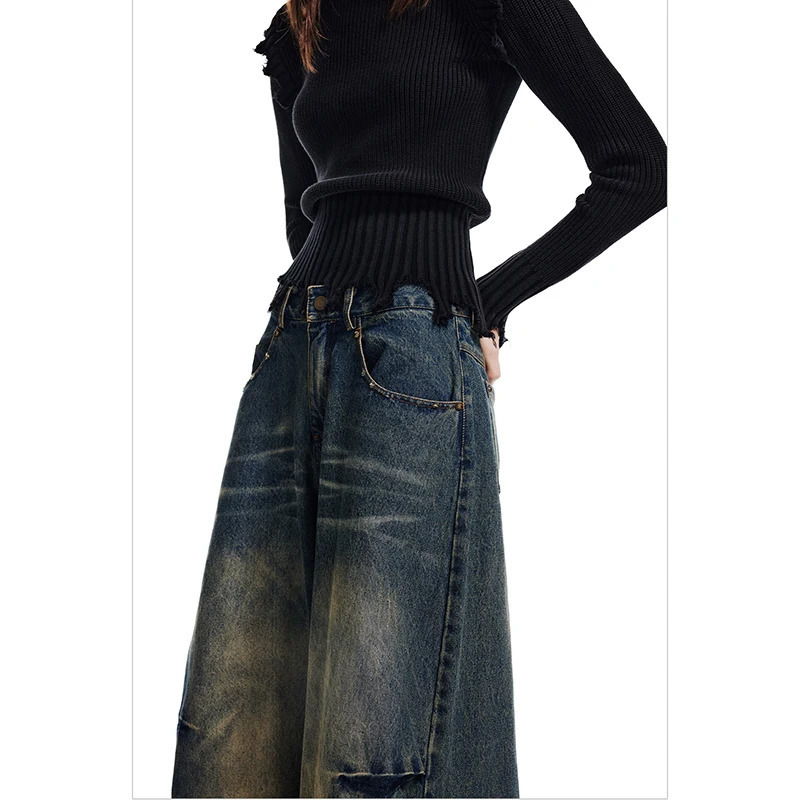 Y2K Vintage High Waist Wide Leg Blue Jeans - Women's Street Style Denim Trouser