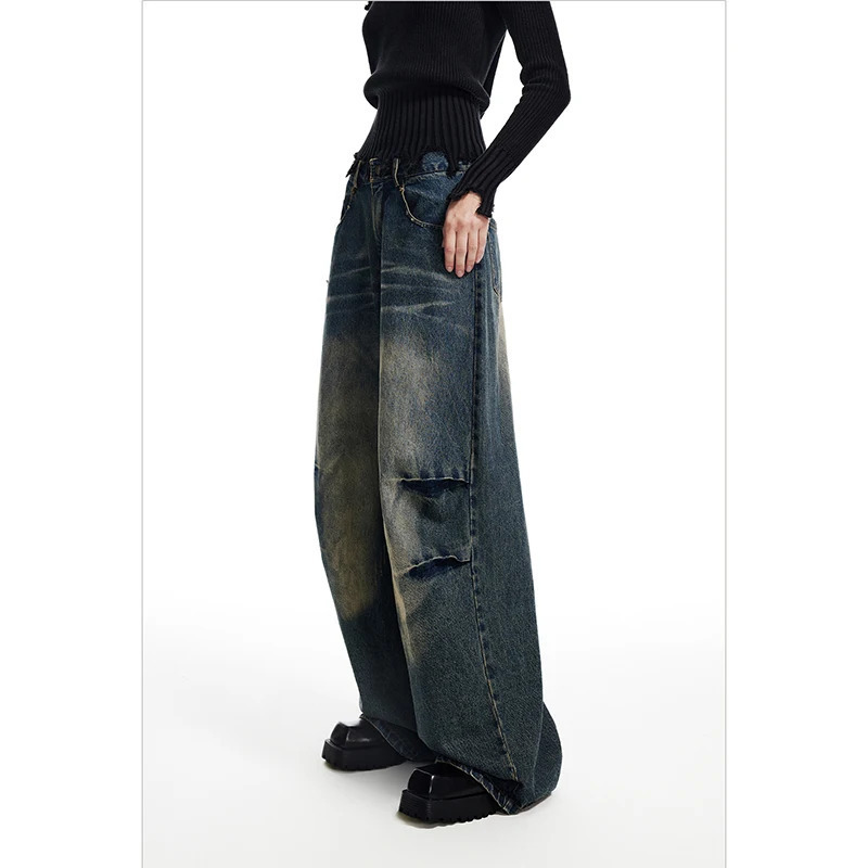 Y2K Vintage High Waist Wide Leg Blue Jeans - Women's Street Style Denim Trouser