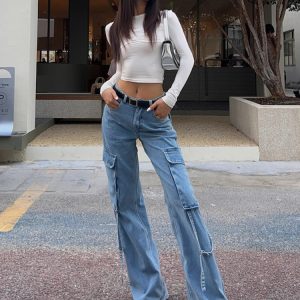 Y2K Vintage High Waist Wide Leg Blue Jeans - Women's Street Style Fashion