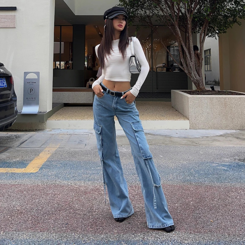 Y2K Vintage High Waist Wide Leg Blue Jeans - Women's Street Style Fashion