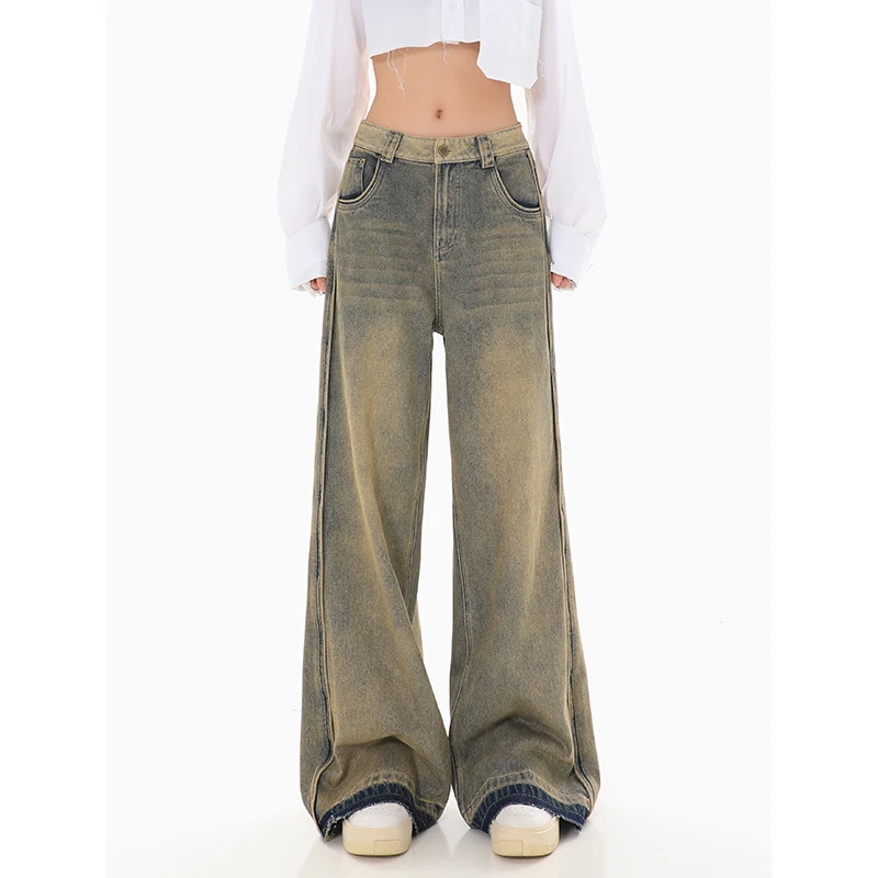 Y2K Vintage High Waist Wide Leg Denim Jeans - American High Street Style