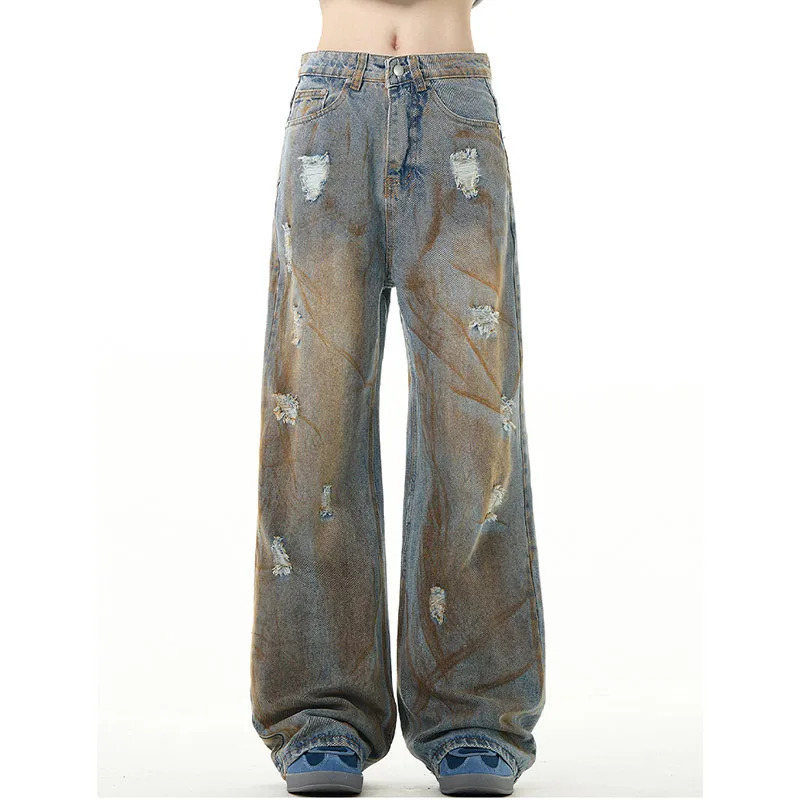 Y2K Vintage High Waist Wide Leg Denim Jeans - Women's High Street Style Grunge Trouser