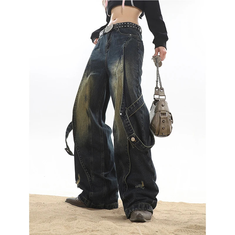 Y2K Vintage High Waist Wide Leg Denim Jeans - Women's High Street Style Grunge Trouser