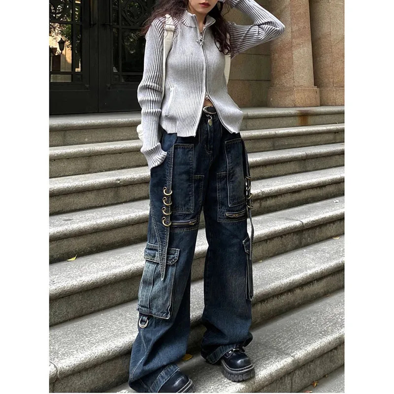 Y2K Vintage High Waist Wide Leg Denim Pants - Casual Grunge Street Style Trousers