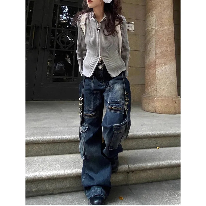 Y2K Vintage High Waist Wide Leg Denim Pants - Casual Grunge Street Style Trousers