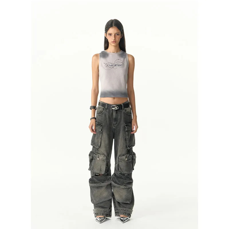 Y2K Vintage High Waist Wide Leg Denim Pants - Women's Casual Grunge Streetwear