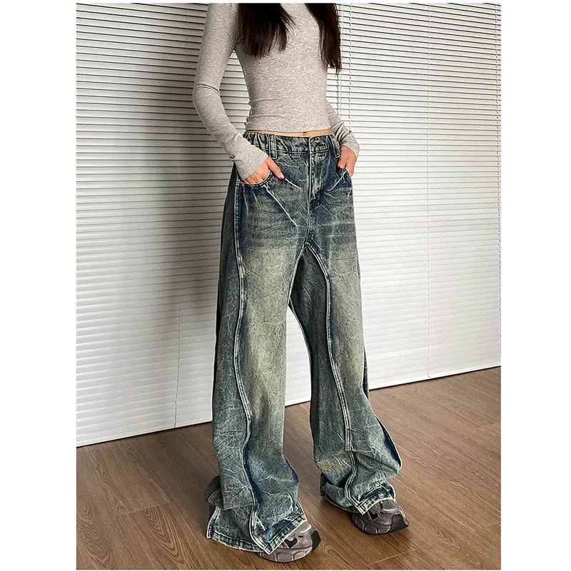 Y2K Vintage High Waist Wide Leg Denim Trouser - Casual Street Style Tie Dye Straight Jeans