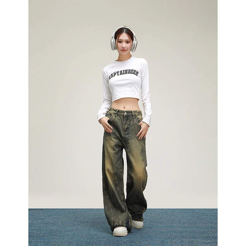 Y2K Vintage High Waist Wide Leg Jeans - American Casual Grunge Denim Trouser