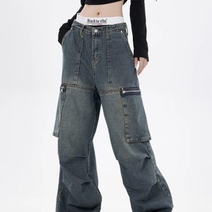 Y2K Vintage High Waist Wide Leg Jeans - American Street Style Fashion Hip Hop Retro Outfit