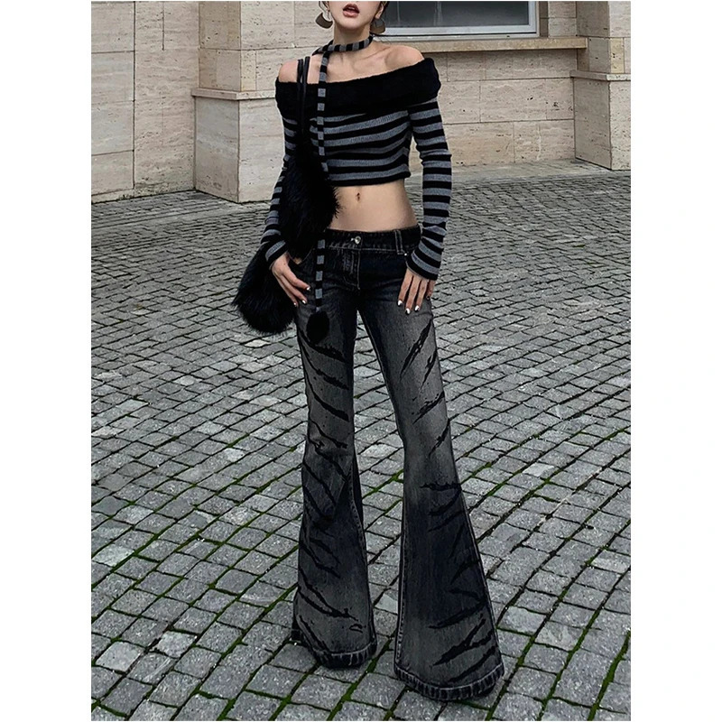 Y2K Vintage High Waisted Black Denim Jeans - American Streetwear Fashion