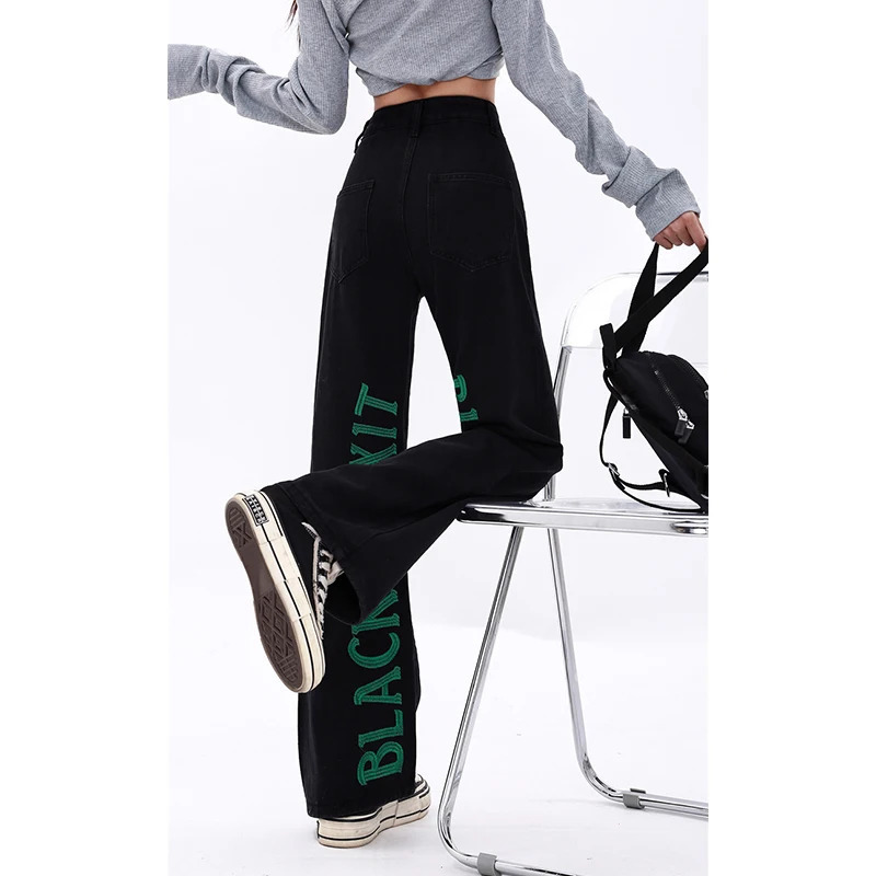 Y2K Vintage High Waisted Black Jeans with Letter Embroidery - American Style Wide Leg Pants for Women