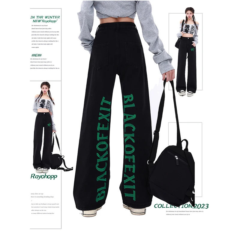 Y2K Vintage High Waisted Black Jeans with Letter Embroidery - American Style Wide Leg Pants for Women