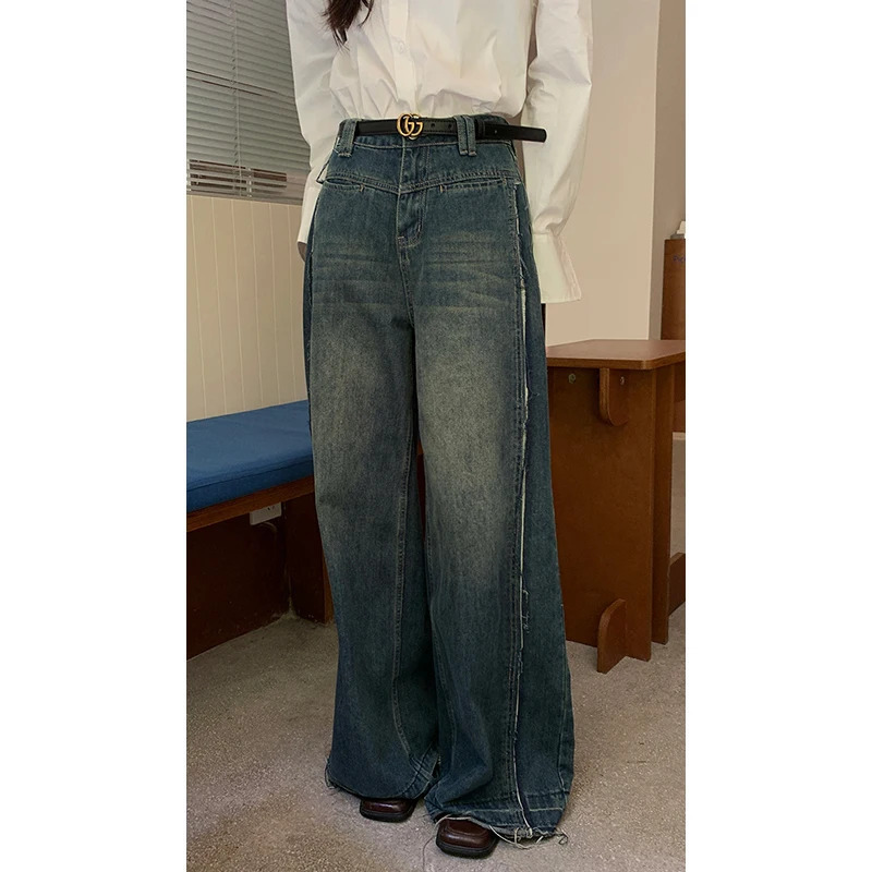 Y2K Vintage High Waisted Blue Jeans - Streetwear Fashion with Contrasting Colors