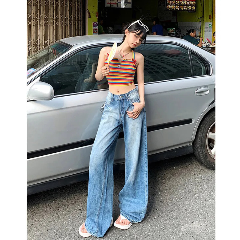 Y2K Vintage High Waisted Blue Jeans - Streetwear Wide Leg Denim Pants