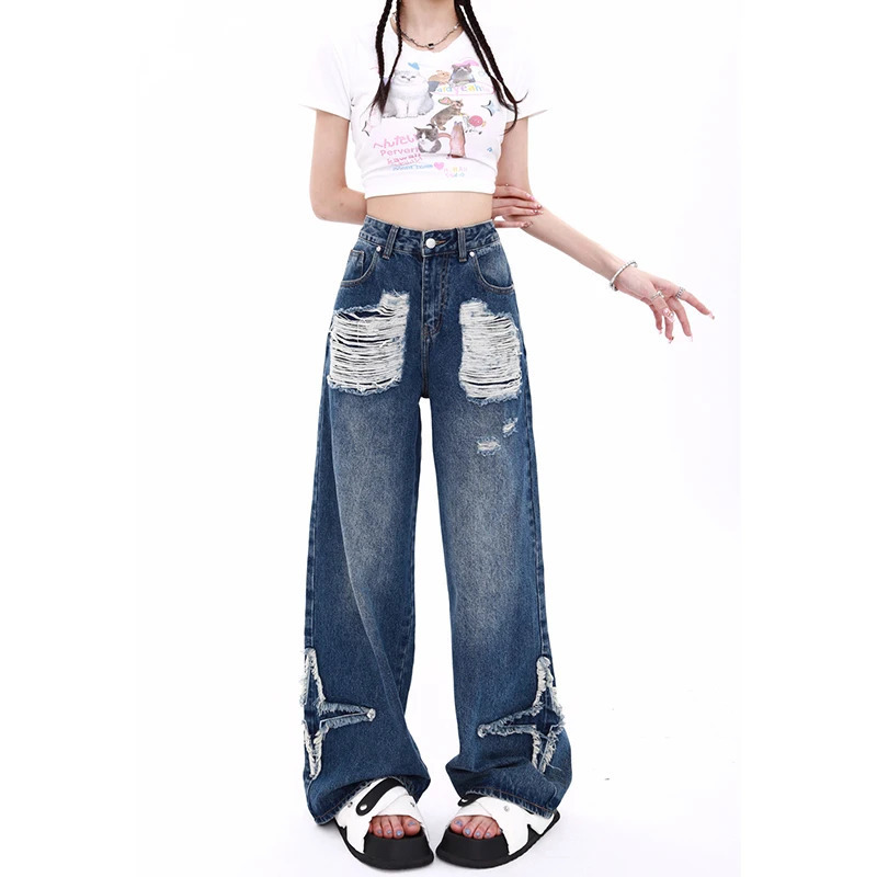 Y2K Vintage High-Waisted Blue Jeans for Women: Streetwear Wide Leg Denim Pants