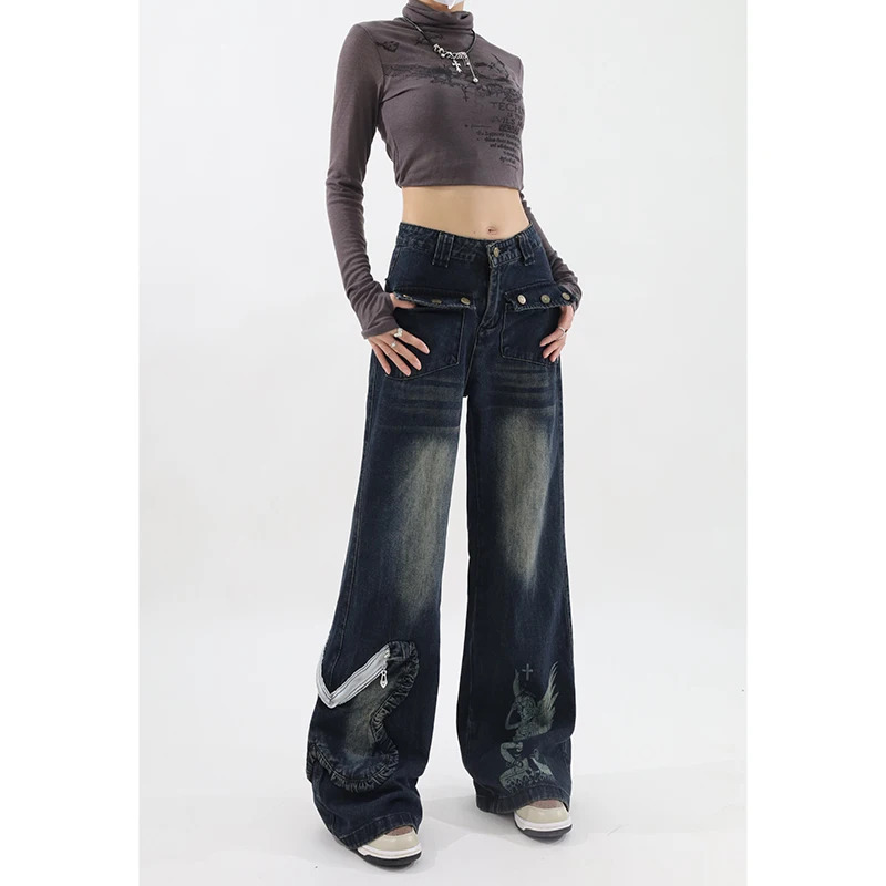 Y2K Vintage High Waisted Star Embroidered Wide Leg Jeans - Streetwear Fashion