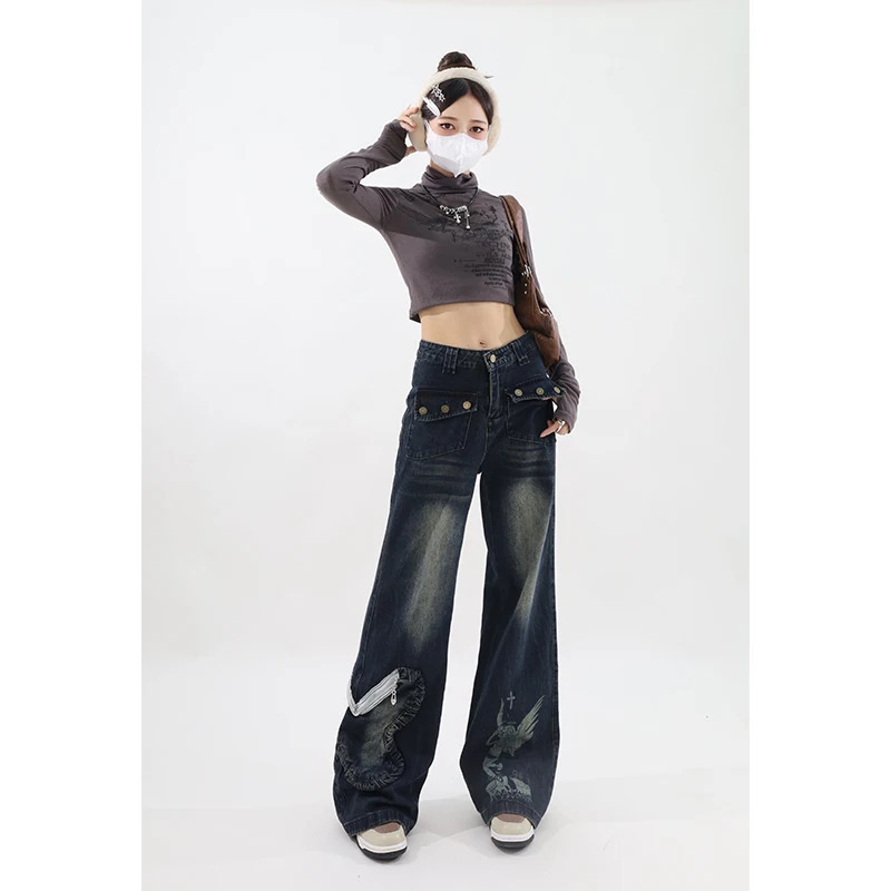 Y2K Vintage High Waisted Star Embroidered Wide Leg Jeans - Streetwear Fashion