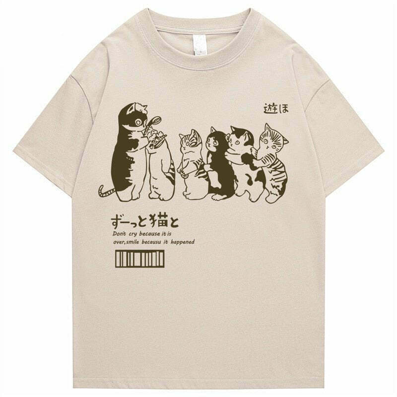 Y2K Vintage Kawaii Cats Print T-Shirt - 90s Grunge, Retro, Summer, and Party Outfits