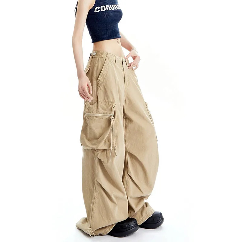 Y2K Vintage Khaki Cargo Jeans - High Waist Straight Leg Streetwear Denim Trousers