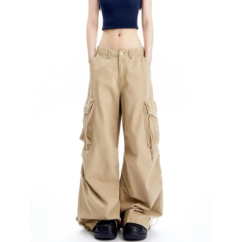 Y2K Vintage Khaki Cargo Jeans - High Waist Straight Leg Streetwear Denim Trousers