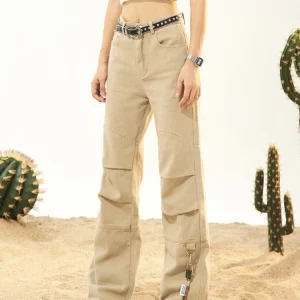 Y2K Vintage Khaki High Waist Wide Leg Jeans - American Fashion Streetwear