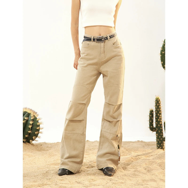 Y2K Vintage Khaki High Waist Wide Leg Jeans - American Fashion Streetwear