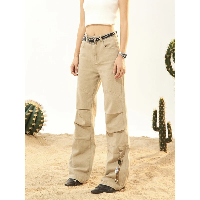 Y2K Vintage Khaki High Waist Wide Leg Jeans - American Fashion Streetwear