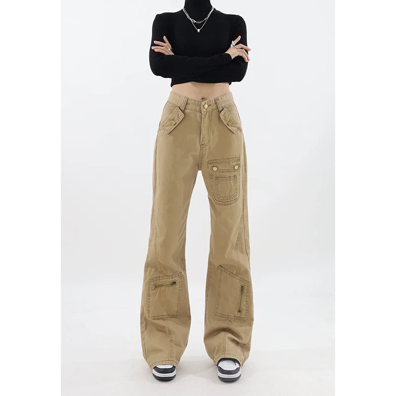 Y2K Vintage Khaki High Waist Wide Leg Jeans - American Street Style Women's Fashion 2024