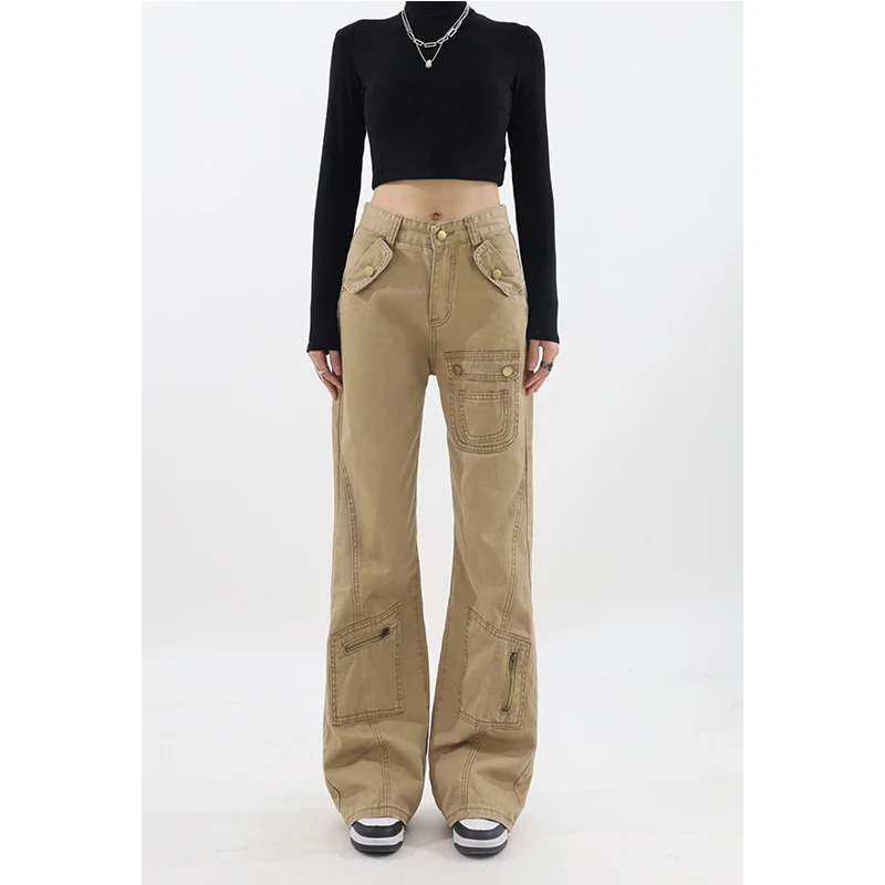 Y2K Vintage Khaki High Waist Wide Leg Jeans - American Street Style Women's Fashion 2024