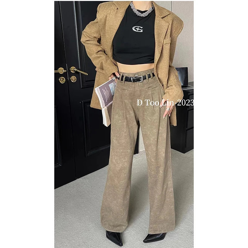 Y2K Vintage Khaki High Waisted Jeans - Straight Leg Streetwear Fashion