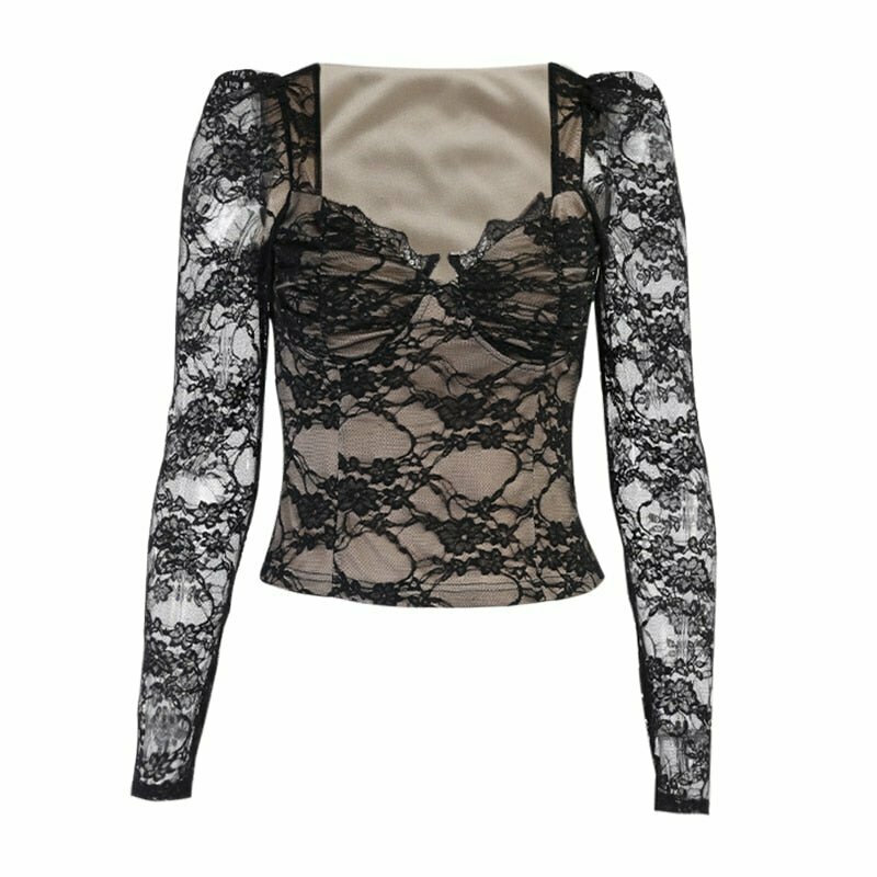 Y2K Vintage Lace Long Sleeve Crop Top - 90s Grunge, Retro Summer, Y2K Party Outfit