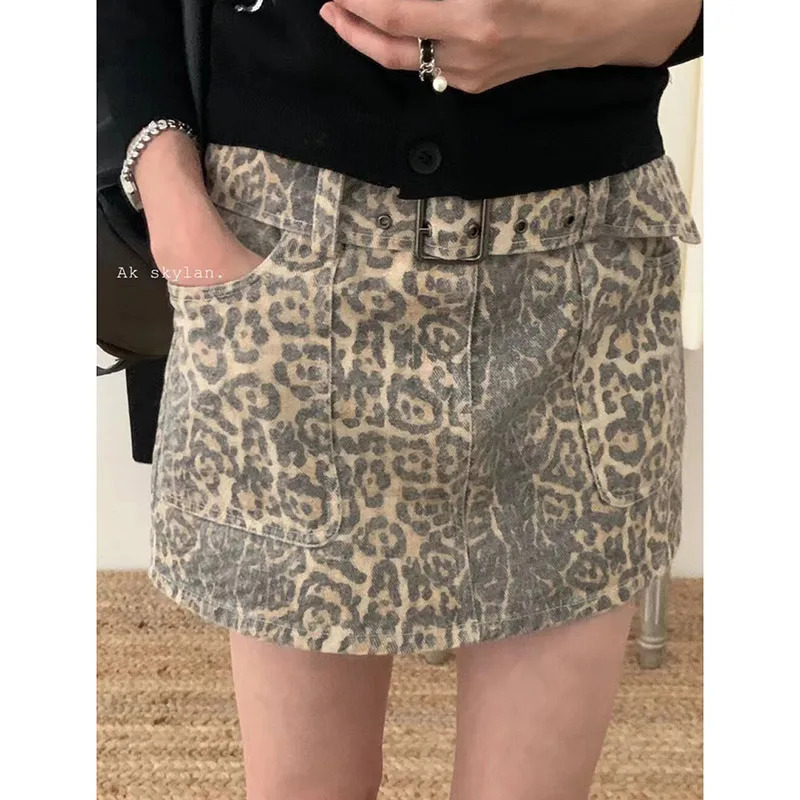 Y2K Vintage Leopard Print Denim Skirt - High Waist A-Line Wrap Skirt