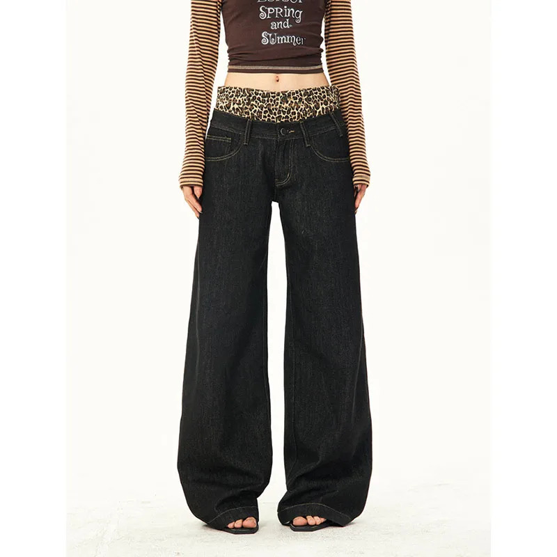 Y2K Vintage Leopard Print Wide Leg Jeans - Retro Hip Pop High Waist Denim Pants