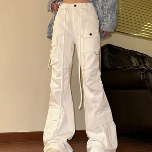 Y2K Vintage Light White Overalls Jeans Women's Fashion Trousers - Hip Hop High Waist Wide Leg Cargo Streetwear