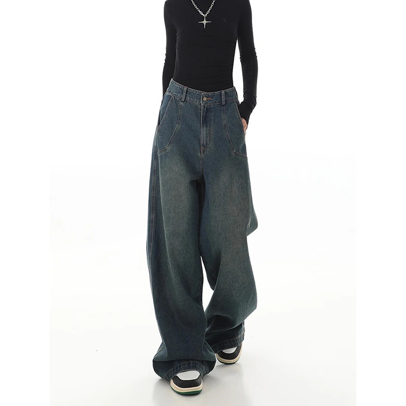 Y2K Vintage Navy Blue High Waist Wide Leg Jeans - American Streetwear Fashion