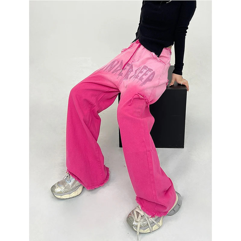 Y2K Vintage Pink High Waist Wide Leg Jeans - American Street Style Fashion